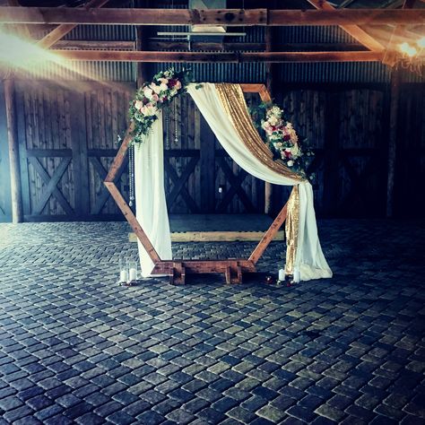 Octogon Archway Wedding Decor, Octagon Wedding Arch Decor, Hexagon Decor Wedding, How To Decorate A Hexagon Wedding Arch, Hexagon Wedding Arch With Drapery, Octagon Wedding Arch, Hexagon Arch, Barn Wedding Ceremony, Hexagon Decor