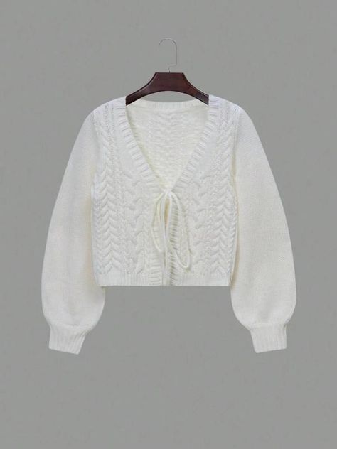 Women's Solid Long Sleeve Tie Front Cardigan, Casual V Neck Bishop Sleeve Knitwear for Spring, Cardigan for Women, Crochet Top, Cropped Cardigan, Women Back To School Clothing for Daily Wear, Comfortable Womenswear Sweaters V Neck, Cable Knit Sweater Cardigan, Cardigan Casual, Cardigan Sweaters, Fleece Leggings, Winter Outerwear, Tie Front Cardigan, Beige Cardigan, Cable Knit Cardigan