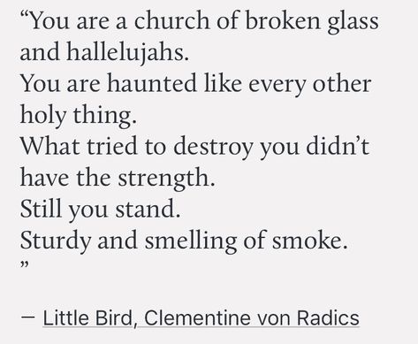 “You are a church of broken glass and hallelujahs. You are haunted like every other holy thing. What tried to destroy you didn’t have the strength. Still you stand.  Sturdy and smelling of smoke.” - Little Bird by Clementine von Radics Clementine Von Radics Quotes, Clementine Von Radics Poems, Clementine Von Radics, Jo Harvelle, Under Your Spell, E Mc2, Broken Glass, Poem Quotes, A Poem