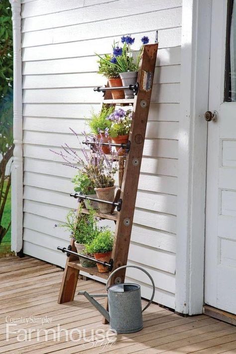 Ladder Planter, Garden Ladder, Plant Ladder, Porch Plants, Old Ladder, Balkon Design, Diy Flower Pots, Flower Pot Garden, Vertical Gardens