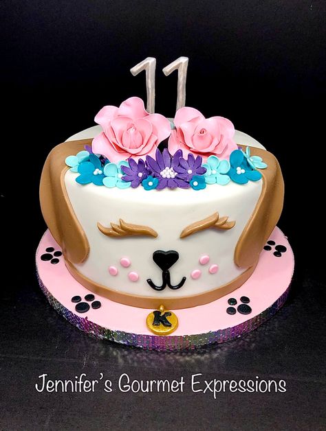 Dog cake, face cake, fondant cake, gumpaste flowers, puppy cake Unicorn Dog Cake, Puppy Cake Decorating Ideas, Rainbow Puppy Cake, Puppy Birthday Cupcakes, Dog Theme Cake Kids, Cat And Dog Themed Birthday Cake, Puppy Pawty Birthday Cake, Puppy Cake Ideas, Puppy Cake Pops