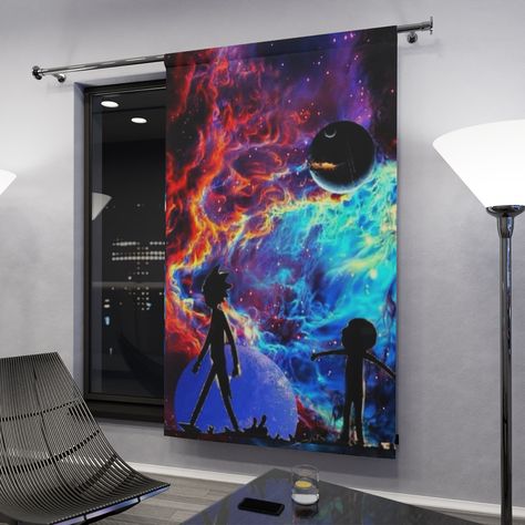 Transform your room into a portal of fun with our unique Rick and Morty Space Window Curtain! Perfect for bedrooms or any space-themed room, this one-of-a-kind housewarming gift adds a splash of cosmic adventure to your home decor. Experience the ultimate window decoration with these eye-catching Rick&Morty Drapes! Rick And Morty Space, Space Window, Curtain For Bedroom, Unique Window, Space Themed Room, Curtains Window, Themed Room, Window Decoration, Curtains Window Treatments