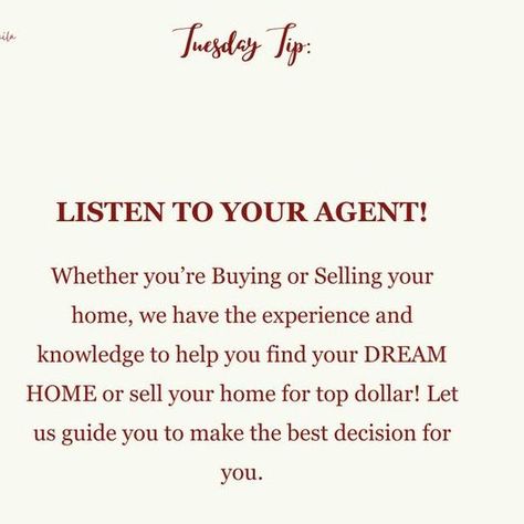 Tuesday Tip: Listen to Your Agent! 📣🏡 When it comes to buying or selling a home, trusting your real estate agent is crucial. As your dedicated Halifax realtor, I’m here to provide you with expert advice and insights that can make all the difference in your real estate journey. Here’s why you should always listen to your agent: Market Expertise: I live and breathe the Halifax real estate market! I know the trends, the neighborhoods, and the nuances that can affect your buying or selling experi... Buyer Tips Real Estate, Real Estate Tips For Sellers, Selling A Home, Real Estate Tips, Listening To You, Selling House, Trust Yourself, Real Estate Marketing, Estate Agent