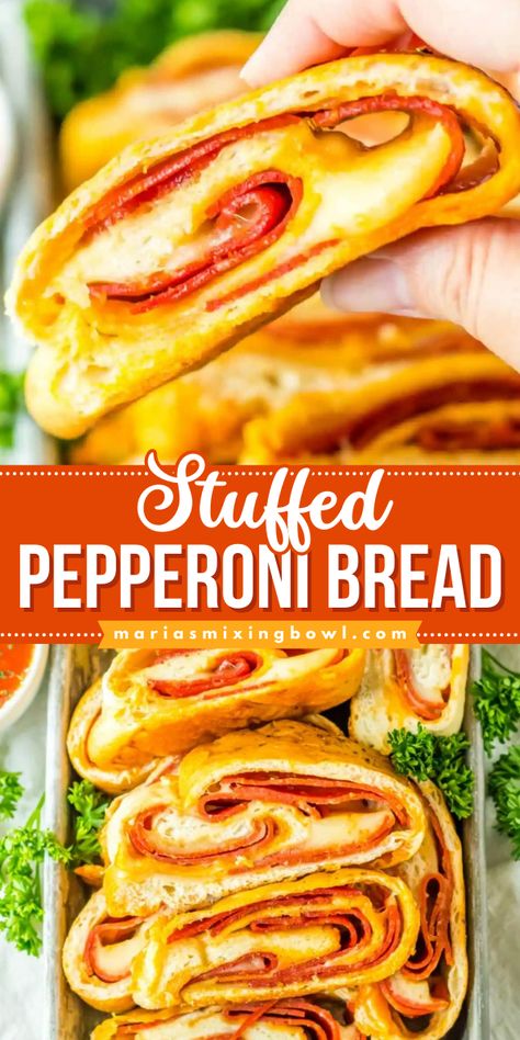 Learn how to make Stuffed Pepperoni Pizza Bread! This 4th of July appetizer recipe is so easy. Wonderfully cheesy and fun to eat, this pepperoni stuffed bread is sure to be a hit! Serve this party food idea with marinara sauce! Garlic Butter Pepperoni Rolls, Easy Stuffed Bread Recipes, Stuff Bread Recipes, Stuffed Breads Recipes, Pepperoni Bread With Pizza Dough, Peporoni Rolls, Bread Ring Recipes, Stuffed Bread Recipes, Pepperoni Bread Recipe