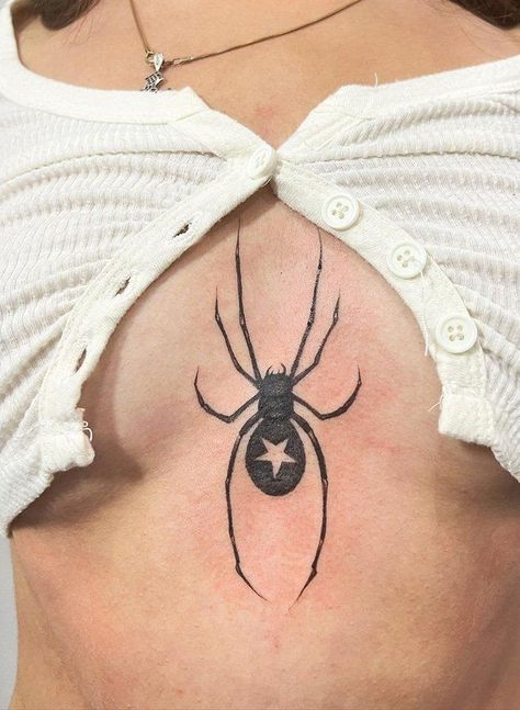 Spider Star Tattoo, Spider Tattoo For Women Leg, Spider Skeleton Tattoo, Spider Tattoo Placement Ideas, Spider Shin Tattoo, Y2k Spider Tattoo, Pretty Spider Tattoo, Spider Web Tattoo On Breast, Spider Leg Tattoo