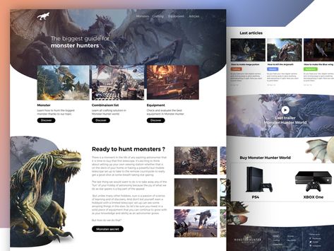 Monster Hunter World website - UI Design by Maxime Bois #webdesign #website #inspiration #ui #ux #uiux #uidesign #userexperience #uiinspiration #digitaldesign Fantasy Website Design, Fantasy Website Design Inspiration, Website Hero Design Inspiration, Fantasy Website, Game Studio Website, Steampunk Website Design, Cyberpunk Website Design, 2nd Semester, Cookbook Design