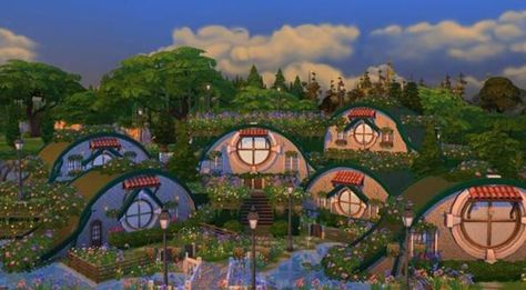 Sims 4 Lord Of The Rings, Hobbit Village, Aesthetic Minecraft Builds, Sims Lots, Minecraft Garden, Sims 3 Mods, Fairy Village, Cartoon House, Sims Ideas