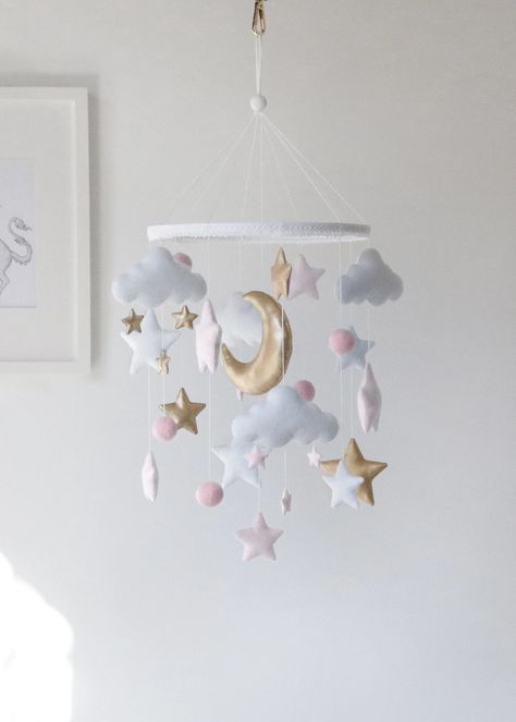 Lamb Nursery Decor, Celestial Nursery, Pink Baby Mobile, Gold Crib, Nursery Mobile Girl, Stars Mobile, Gold Nursery Decor, Girl Nursery Pink, Stars Baby Mobile