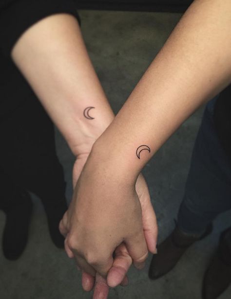 Matching best friend tattoos? We love these little crescent moons. Click for more small wrist tattoo ideas. Smallest Tattoos, Small Best Friend Tattoos, Half Moon Tattoo, Tiny Wrist Tattoos, Matching Best Friend Tattoos, Bff Tattoos, Парные Тату, Friendship Tattoos, Cute Tiny Tattoos