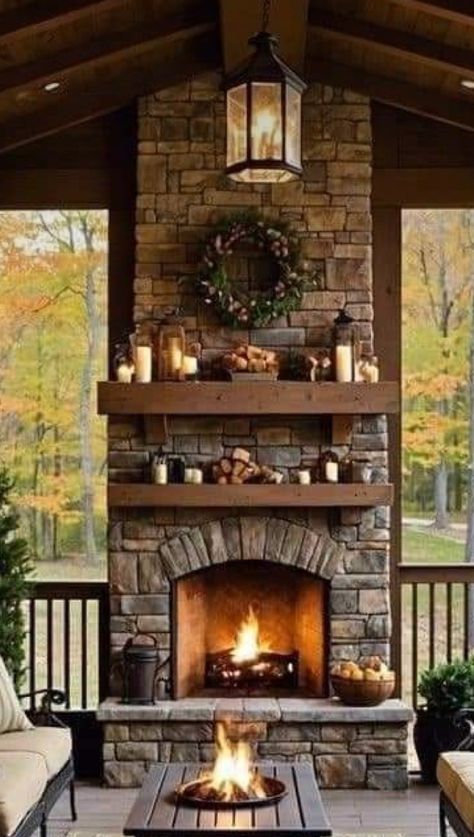 Back Porch Fireplace Covered Patios, Porch Fireplace Ideas, Porches With Fireplaces, Back Porch Fireplace, Screened Porches, Porch Fireplace, Fireplace Cover, Covered Patios, Fun House