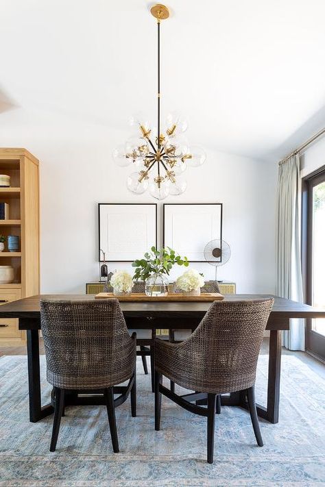 White Beaded Chandelier, Dark Brown Dining Table, Water Village, Dark Brown Table, Lindye Galloway, Dark Dining Room, Cottage Dining Rooms, Brown Dining Table, Transitional Dining Room