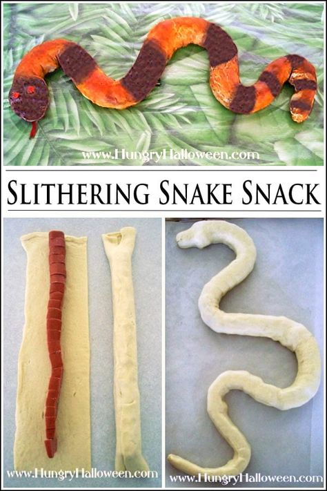 Halloween Snake Food, Snake Party Food Ideas, Snake Snacks For Kids, Snake Themed Food, Halloween Pigs In A Blanket, Snake Party Ideas, Snake Snacks, Halloween Nibbles, Carn Evil