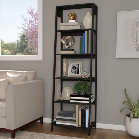 Bookshelf For Storage, Displaying Books, Ladder Bookshelf, Living Room Shelves, Room Shelves, Grey Furniture, Ladder Shelf, Wooden Bookcase, Decorating Shelves