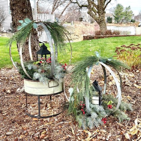 Wine Barrel Rings Christmas, Wine Barrel Metal Rings Garden Art, Barrel Rings Repurposed, Metal Wine Barrel Rings, Barrel Ring Art, Holiday Planters, Wine Barrel Ring, Wine Barrel Rings, Tree Limbs