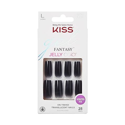 KISS Jelly Fantasy Fake Nails - Jelly Gelée, Black Sculpted, Long Square Translucent, Ready To Wear, Professional Quality, Minutes To Apply, Easy Removal| 28 Count… Nails Translucent, Kiss Gel Fantasy Nails, Kiss Press On Nails, Gel Manicure At Home, Kiss Products, Sculpted Nails, Pink Gel Nails, Fantasy Nails, Pink Gel