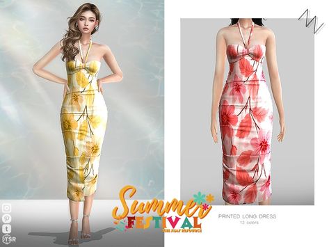 The Sims Resource - PRINTED LONG DRESS Sims 4 Floral Dress, Sims Aesthetic, Printed Long Dress, Sims 4 Dresses, Sims 1, Tropical Dress, Female Clothing, Cc Sims, Sims 4 Game