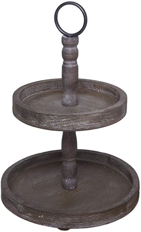 Amazon.com: 2 Tiered Tray Stand - Two Tier Tray Wood Farmhouse, Rustic, Vintage Decor. Table Kitchen Tray Wooden with Metal Round Decorative Handle. Cake, Cupcake, Cookie, Food and Party Display - Chocolate: Kitchen & Dining Wood Tiered Stand, Fall Kitchen Table Decor, Fall Kitchen Table, Table Fall Decor, Tiered Serving Stand, Tiered Tray Decor Ideas, Centerpiece Tray, Trays Decor, Tiered Tray Stand