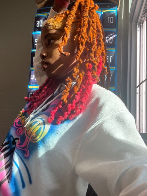 Cute Dread Colors, Orange And Pink Locs, Red And Ginger Locs, Red And Orange Locs, Ginger And Red Locs, Dyed Hair Dreads, Multi Color Locs, Ginger And Pink Locs, Turquoise Locs