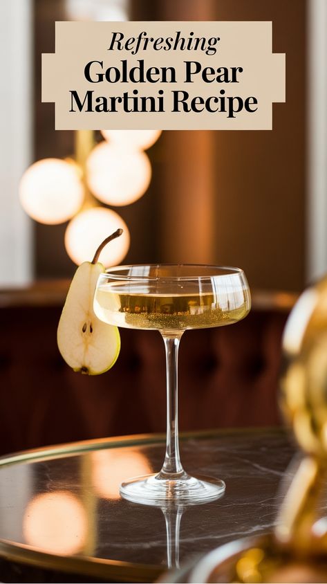 Golden pear martini garnished with a pear slice on a table, warm lighting in the background. Light Martini Recipes, New Years Martini Recipes, Pear Martini Recipe, Pear Martini, Pear Cocktails, Mimosa Recipe, Popular Cocktails, Premium Vodka, Martini Recipe