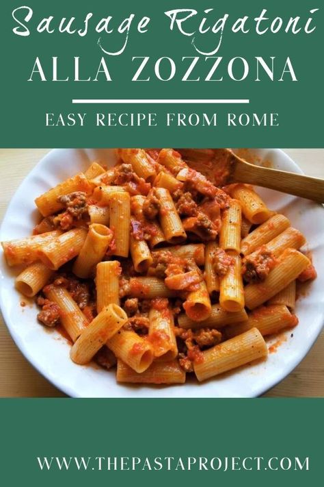 Sausage rigatoni alla Zozzona is a traditional pasta recipe from Rome that Romans make to use up leftovers of typical local ingredients. It’s easy and quick to put together and substantial enough to be a meal on its own. #rigatoni #sausage #sausagepasta #italiansausage #Romancuisine #Italianpasta #Italianrecipe #authenticitalianpasta #thepastaproject #easydinner #weeknightmeal @thepastaproject Rigatoni Sausage, Pasta Beef, Lamb Pasta, Sausage Rigatoni, Traditional Pasta, Sausage Pasta Recipes, Favorite Pasta Recipes, Pasta Sides, Italian Recipes Easy