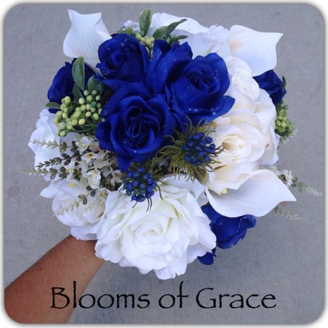 Royal blue and white bouquet roses blue von BloomsofGraceDesigns Royal Blue Flowers Bouquet, Blue Homecoming Flowers, Blue And White Bridesmaid Bouquet, Flowers For Homecoming, Homecoming Flowers Bouquet, Hoco Flowers Bouquet, Royal Blue And White Wedding, Blue Wedding Flowers Bouquet, White Bridesmaid Bouquet