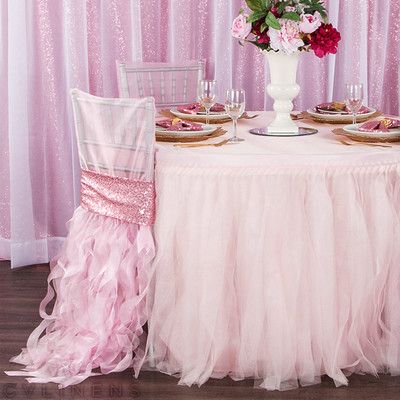 Tulle Tutu 14ft Table Skirt - Pastel Pink Kidney Table, Tutu Table Skirt, Diy Chair Covers, Tutu Table, Tulle Table Skirt, Tulle Table, Table Skirts, Sequin Table Runner, Chair Bands