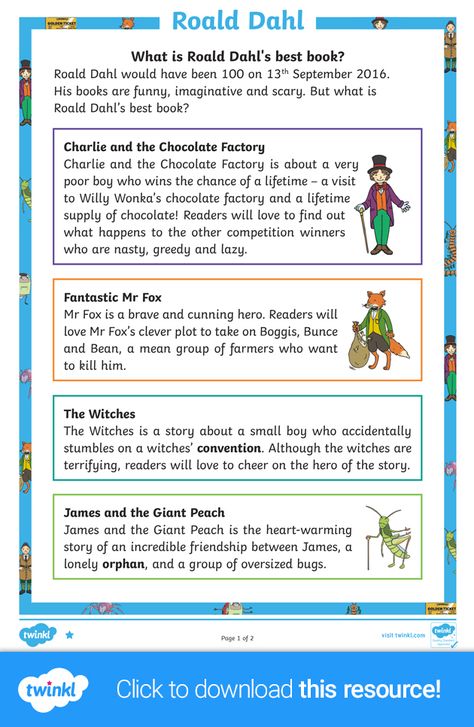 Try something new this coming Roald Dahl day! This reading comprehension is a great way to teach your children about Roald Dahl and his stories in a fun and interactive way. Click to download and find more Roald Dahl activities and resources on the Twinkl website.  #twinkl #teachingresources #twinklresources #RoaldDahlday #RoaldDahlactivities ##readingcomprehension  #readingactivities Roald Dahl Biography, Roald Dalh, Roald Dahl Activities, Biography Activity, Tom Gates, Roald Dahl Day, English Corner, Roald Dahl Books, Guided Reading Activities