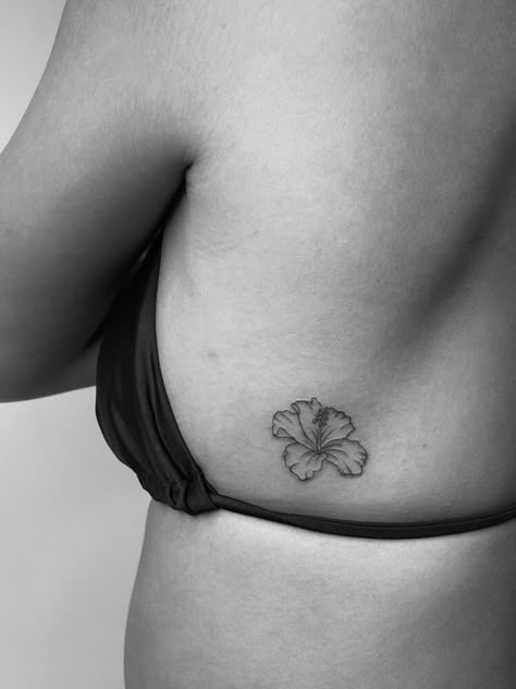 Colombia Inspired Tattoo, Hibiscus Rib Tattoo, Hibiscus Ankle Tattoo, Beach Vibes Tattoo, Hibiscus Flower Tattoos On Shoulder, Hibiscus Shoulder Tattoo, Beach Flower Tattoo, Small Hawaiian Flower Tattoos, Spain Inspired Tattoo