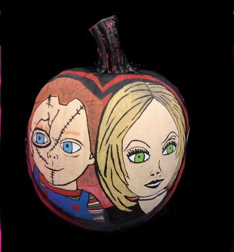 Chucky Painted Pumpkin, Chucky Pumpkin Painting, Chucky Pumpkin, Wednesday Pumpkin, Pumpkin Painting Party, Bride Of Chucky, Pumpkin Carving Templates, Painting Party, Pumpkin Painting