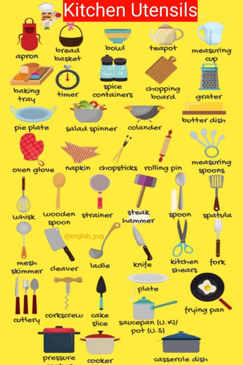 kitchen things name in english Things Name In English, Kitchen Utensils List, Kitchen Essentials List, Food Vocabulary, Culinary Techniques, Kitchen Skills, English Learning Spoken, Kitchen Things, English Lessons For Kids