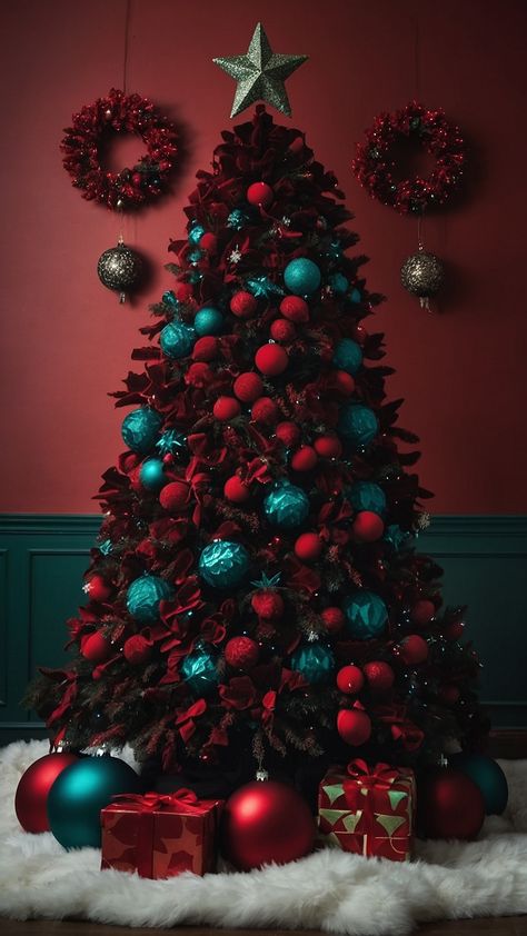 Transform your home into a cozy winter wonderland with a stunning velvet Christmas tree in various shades of red green pink blue brown and neutral tones Explore DIY decor ideas and inspiration for decorations in dark green red and green as well as black accents Find creative ways to infuse your space with festive charm this holiday season Pink Red Black Christmas Tree, Red And Purple Christmas Tree, Red Velvet Christmas Tree, Velvet Christmas Tree, Red Velvet Christmas, Black Christmas Tree, Purple Christmas Tree, Velvet Christmas, Themed Christmas