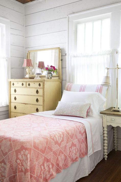 In guest Bedroom #2, the tiny lampshade on the dresser was crafted by Etsy's "Lampshade Lady." Vintage Farmhouse Bedroom, Casa Vintage, Cottage Bedroom, Vintage Bedroom, Country Bedroom, Dreamy Bedrooms, Cottage Design, Cottage Living, Shabby Vintage