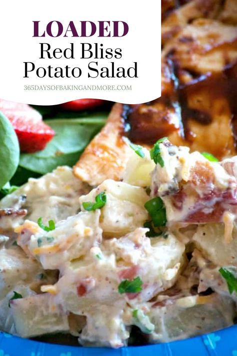 Loaded Red Bliss Potato Salad made with Red Bliss potatoes, a creamy dijon dressing, bacon, green onions, and cheese make this a potato salad you’ll want to make all summer long! It's great as a side for your favorite grilled chicken or steak! Steak Potato Salad, Red Bliss Potato Recipes, Creamy Red Potato Salad, Red Potato Salad With Bacon, Red Skin Potato Salad No Mayo, Red Bliss Potato Salad, Roasted Red Skin Potatoes, Bacon Potato Salad Recipe, Rudy’s Potato Salad