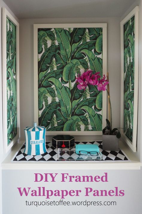 DIY Framed Wallpaper Panels…I am obsessed (OBSESSED!) with Dorothy Draper’s Brazilliance wallpaper. It’s so vibrant and colourful and tropical; such a bold statement and so iconic… Framed Wallpaper Headboard, Wallpaper Pictures Frame, Wallpaper Panel Headboard, Framed Wallpaper Accent Wall, How To Frame Wallpaper, Wallpaper Framed Art, Diy Wallpaper Panels, Wallpaper Frames On Wall, Large Framed Wallpaper