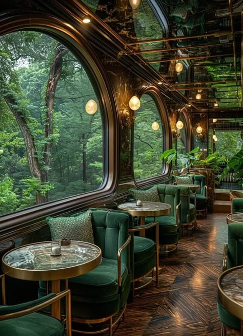 Dark Green Cafe Aesthetic, Fairy Tale Interior Design, Fairytale Restaurant, Cafe Interior Aesthetic, Cool Restaurant Design, Fantasy Rooms, Fantasy House, Train Car, Dream House Interior