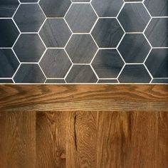 Ideas For Home Black Hexagon Tile To Oak Hardwood Floor Transition Wood Floor Transition Ideas, Green Hexagon Tile, Tile To Wood Floor Transition, Hexagon Tile Kitchen, Floor Transition Ideas, Wood Floor Transition, Hardwood Floors In Bathroom, Tile To Wood Transition, Tile Transition