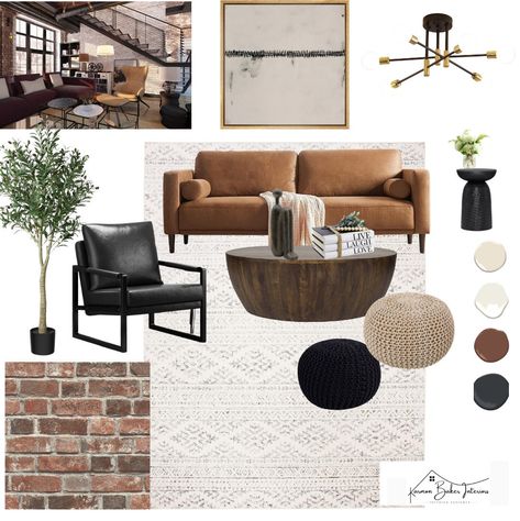 An Industrial Mood Board designed for those on a budget.  The downloadable PDF link to the items included in this photo adds up to less than $1500.  With these items you can achieve your dream of having an Industrial style living room on a budget. How it works: Download the PDF and click the links provided. Go to work assembling your newly designed space. If any of the items included are no longer available, or you just don't like something, please let me know and I will search for a comparable item. Industrial Living And Dining Room, Industrial Style Open Plan Living, Industrial Interior Design Colorful, Greeting Room Ideas, Mcm Industrial Living Rooms, Industrial Chic Basement, Organic Modern On A Budget, Cognac And Grey Living Room, Modern Industrial Aesthetic