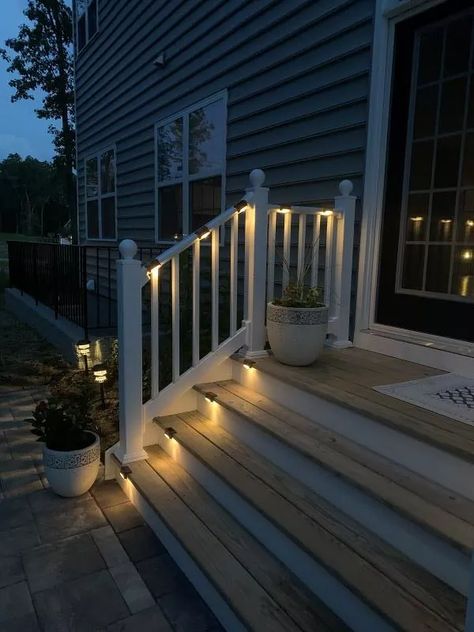 How To Add Solar Lights To Your Existing Deck | Hometalk Backyard Solar Lights, Outdoor Deck Lighting, Solar Powered Outdoor Lights, Solar Yard Lights, Deck Steps, Solar Deck Lights, Patio Projects, Deck Designs Backyard, Deck Lights