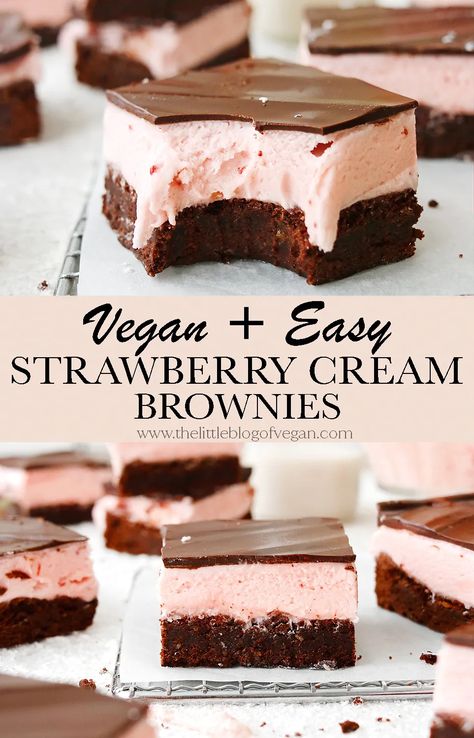 Vegan Strawberry Cream Brownies - The Little Blog Of Vegan Traybake Ideas, Vegan Traybake, Healthy Strawberry Cake, Sweet Scones, Strawberry Brownies, Strawberry Cream Cakes, Vegan Baking Recipes, Small Cakes, Summer Baking