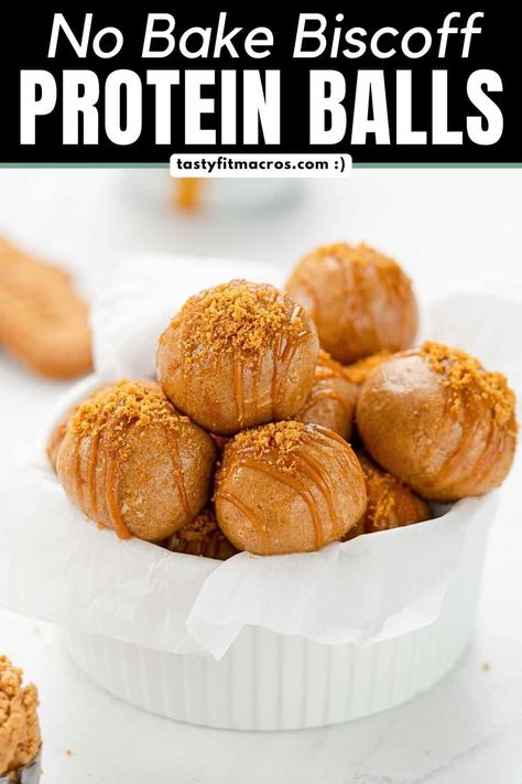 Low Calorie Biscoff Protein Balls (Easy | No Bake) | Tasty Fit Macros Biscoff Protein Balls, Protein Balls Low Calorie, Vanilla Protein Balls, Easy Protein Powder Recipes, Protein Cake Pops, Biscoff Protein, Macro Desserts, Protein Powder Muffins, No Bake Biscoff