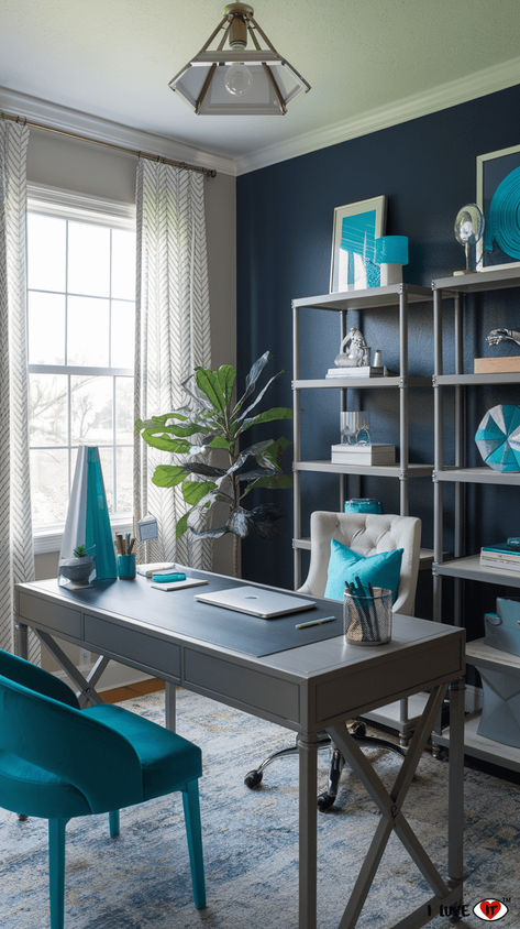 22 Stylish Home Office Ideas for Women to Elevate Your Workspace - I Luve It Navy And White Home Office, Teal And Grey Office, Navy Blue Office Ideas, Tiffany Blue Office, Teal Home Office, Blue Office Ideas, Gray Study, Blue Home Office, Navy Blue Office