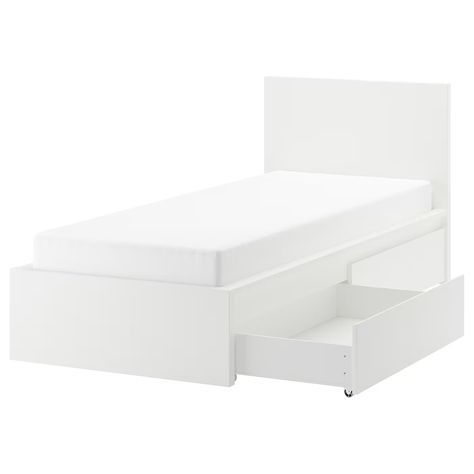 MALM High bed frame/2 storage boxes, white, Twin A clean design that’s just as beautiful on all sides – place the bed on its own or with the headboard against a wall. You also get spacious storage boxes that roll out smoothly on casters. Malm Bed Frame, High Bed Frame, Cama Ikea, Malm Bed, Tall Bed, White Bed Frame, High Beds, Single Bed Frame, Ikea Bed