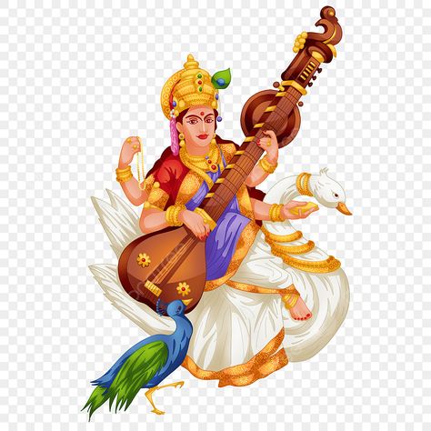 Festival Goddess, Vasant Panchami, Goddess Saraswati, Indian Illustration, Indian Goddess, Indian Elephant, Star Background, Playing Piano, Happy Design