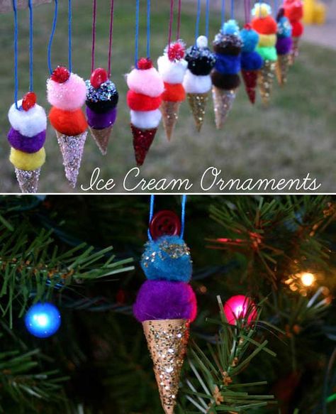 Pom pom ice cream cone ornaments and 35 more Christmas decorations Cone Ornaments, Diy Christmas Ornament, Homemade Christmas Decorations, Diy Christmas Decorations, Navidad Diy, Ornament Tutorial, Easy Christmas Crafts, Handmade Christmas Decorations, Christmas Gift Decorations