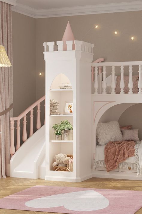 Princess Castle Bed With Slide, Princess Twin Bed, Princess Slide Bed, Castle Beds For Girls Room, Minimalist Princess Bedroom, Princess Playroom Ideas, Princess Bed Ideas, Toddler Girl Princess Bedroom, Boho Princess Room