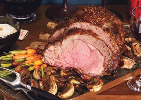 Mustard-Seed-Crusted Prime Rib Roast with Dijon Créme Fraîche and Roasted Balsamic Onions - Bon Appétit Balsamic Onions, Corned Beef Brisket, Prime Rib Roast, Rib Roast, Roast Dinner, Onion Recipes, Prime Rib, Beef Brisket, Corned Beef