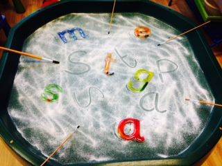 Mark making in the salt. We have been practising our letter formation using our paintbrushes to make letters in the magic dust. Engaging writing in EYFS Eyfs Letter Formation, Letter Formation Activities Eyfs, Writing Provision Eyfs, Satpin Activities Eyfs, Phonics Activities Eyfs, Writing Eyfs, Emergent Writing, Magic Paintbrush, Eyfs Phonics