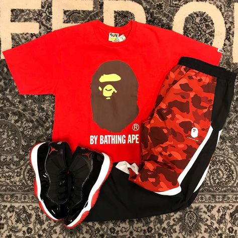 Bape Outfits Men, Black Teens Fashion, Bape Tee, Air Jordan 11 Bred, Tuff Fits, Bape Outfits, Bape Camo, Jordan 11 Bred, Instagram Brand