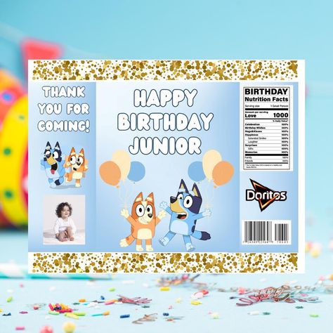 Throw a paw-some Bluey-themed birthday party with our Bluey Chip Bag Template! Perfect for both boys and girls, this digital template lets you create custom chip bag labels that will add the perfect touch to your celebration. Designed to be easily edited in Canva, this Editable Template allows you to personalize the design with your child's name, age, and other party details. Simply download the template, make your edits, and print it out! These Bluey Chip Bag Labels are great for party favors, Chip Bag Template, Bag Template, 100th Birthday, Party Details, Party Needs, Girl Birthday Party, Favor Bag, Party Bags, Editable Template