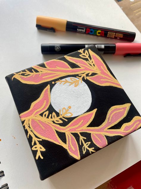 This is a mini canvas, 4 by 4 inches, edges of the canvas are painted black which is the color of the background also. I was trying to portray a full moon with some floral/foliage in foreground.  please send a message with any questions!